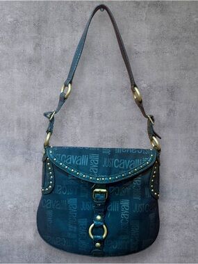 Just Cavalli Teal Jacquard Logo Shoulder Bag with Gold Hardware